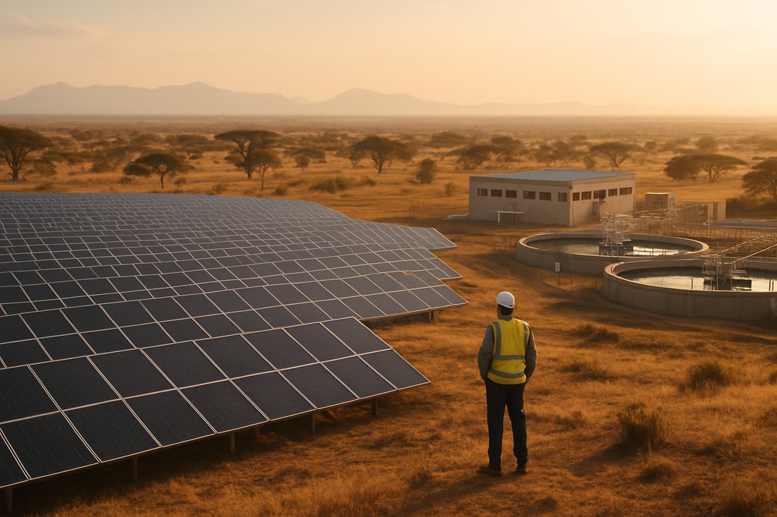 A solar array and water treatment facility in the African landscape